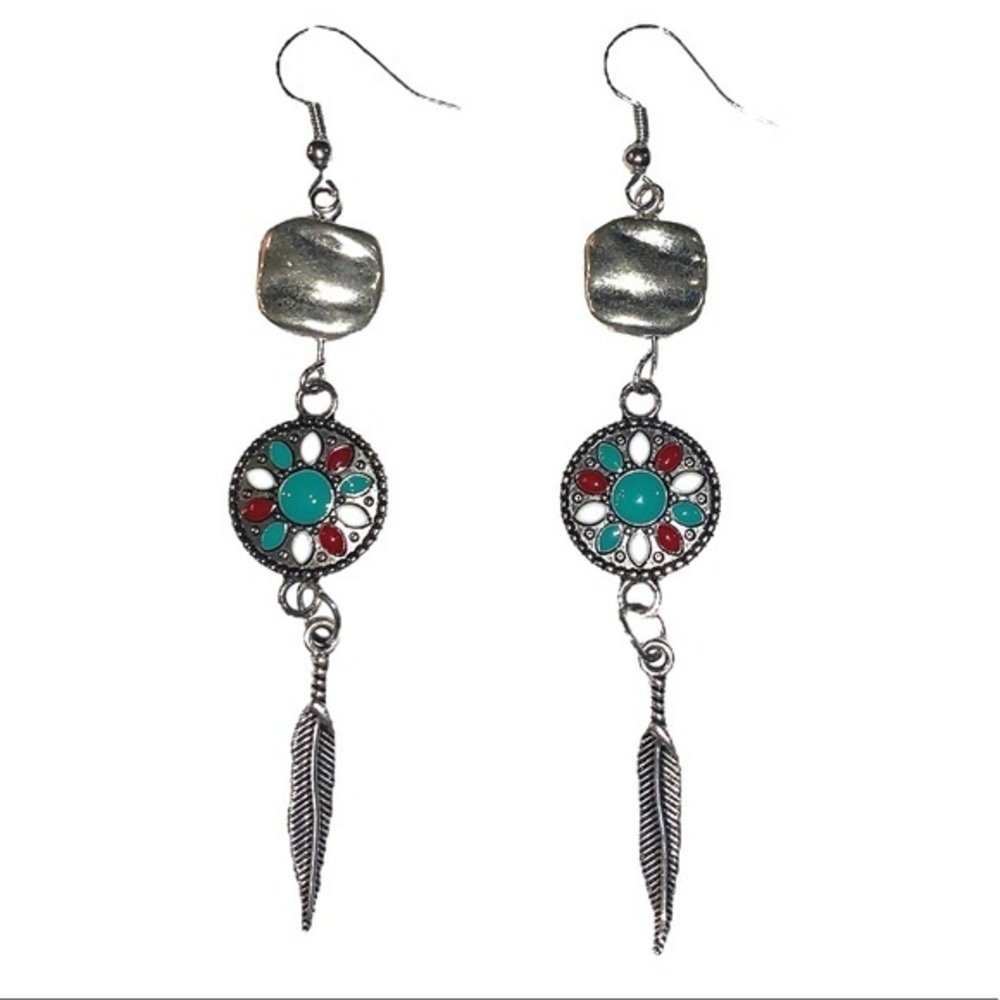 Handmade BOHO silver & turquoise feather earrings